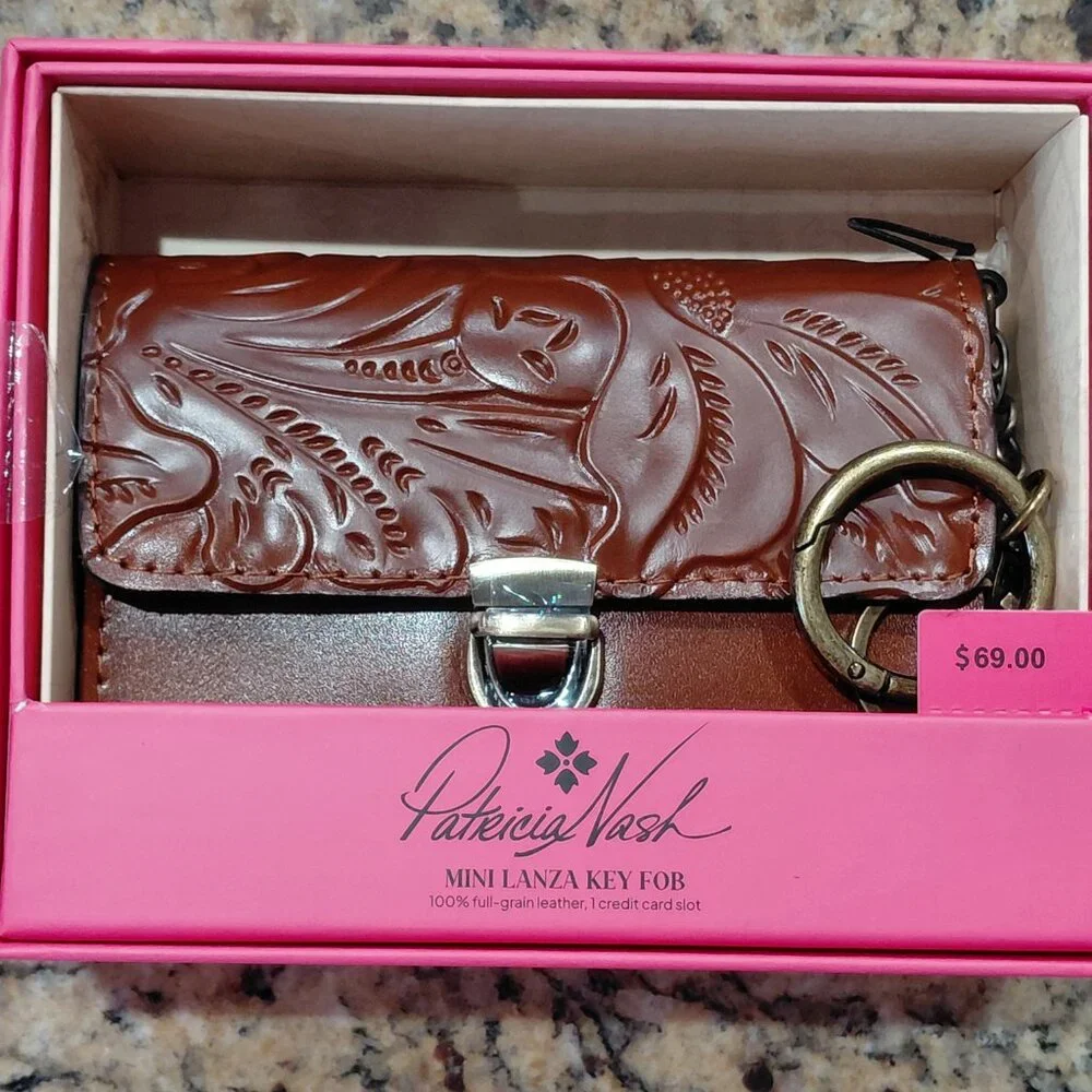 Patricia Nash Mini Lanza Leather Wallet Key Ring Tooled Floral NWT